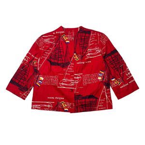 Vintage 1960s Sailing AOP Button Up Crewneck Jacket Top Union Made Red Womens 36
